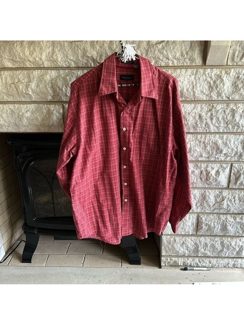 Van Heusen men’s button-down dress shirt, red plaid size large neck, 16-16.5